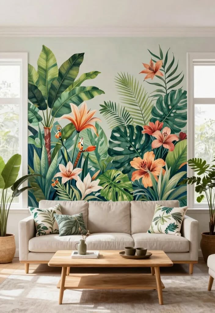 Lush Botanical Palm & Blooming Lily Floral Wall Mural (Design 63)