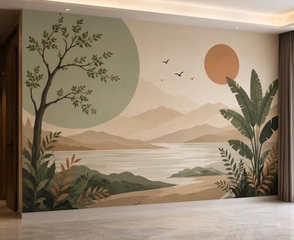 Minimalist Boho Landscape Lake & Mountain Sun Wall Mural (Design 70)