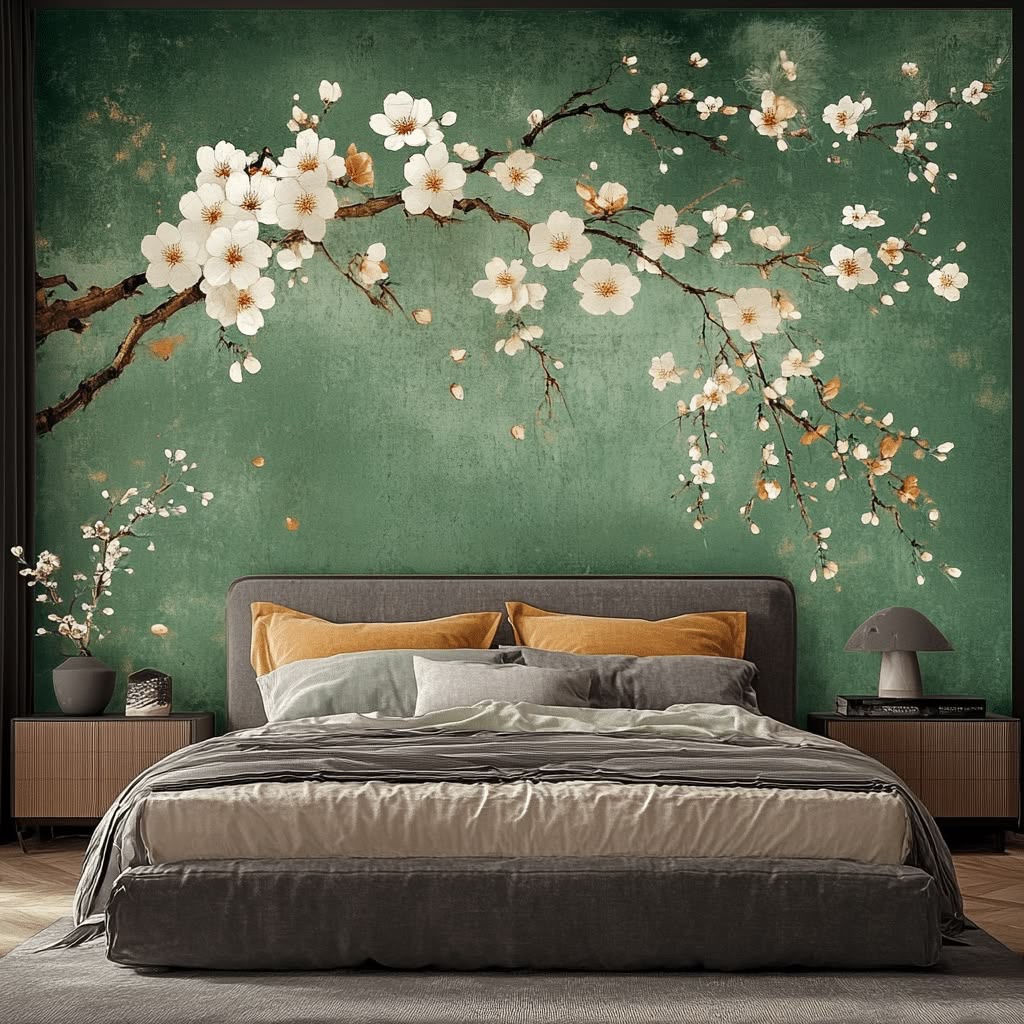 Chinoiserie White Magnolia on Emerald Textured Wall Mural (Design 72)