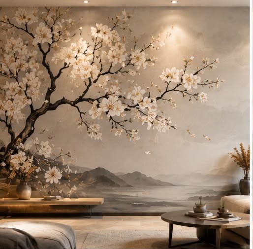 Vintage Japanese Cherry Blossom & Misty Valley Wall Mural (Design 73)
