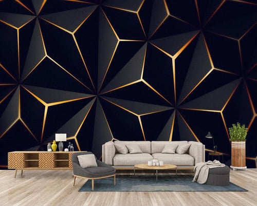 3D Black & Gold Geometric Polygonal Facets Wall Mural (Design 75)