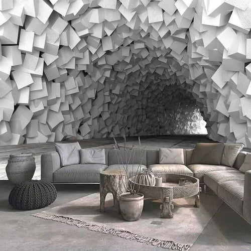 3D Floating White Cubes Tunnel Optical Illusion Wall Mural (Design 76)