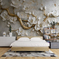 3D Sculpted Plaster Magnolia Blossom Golden Bough Wall Mural (Design 80)