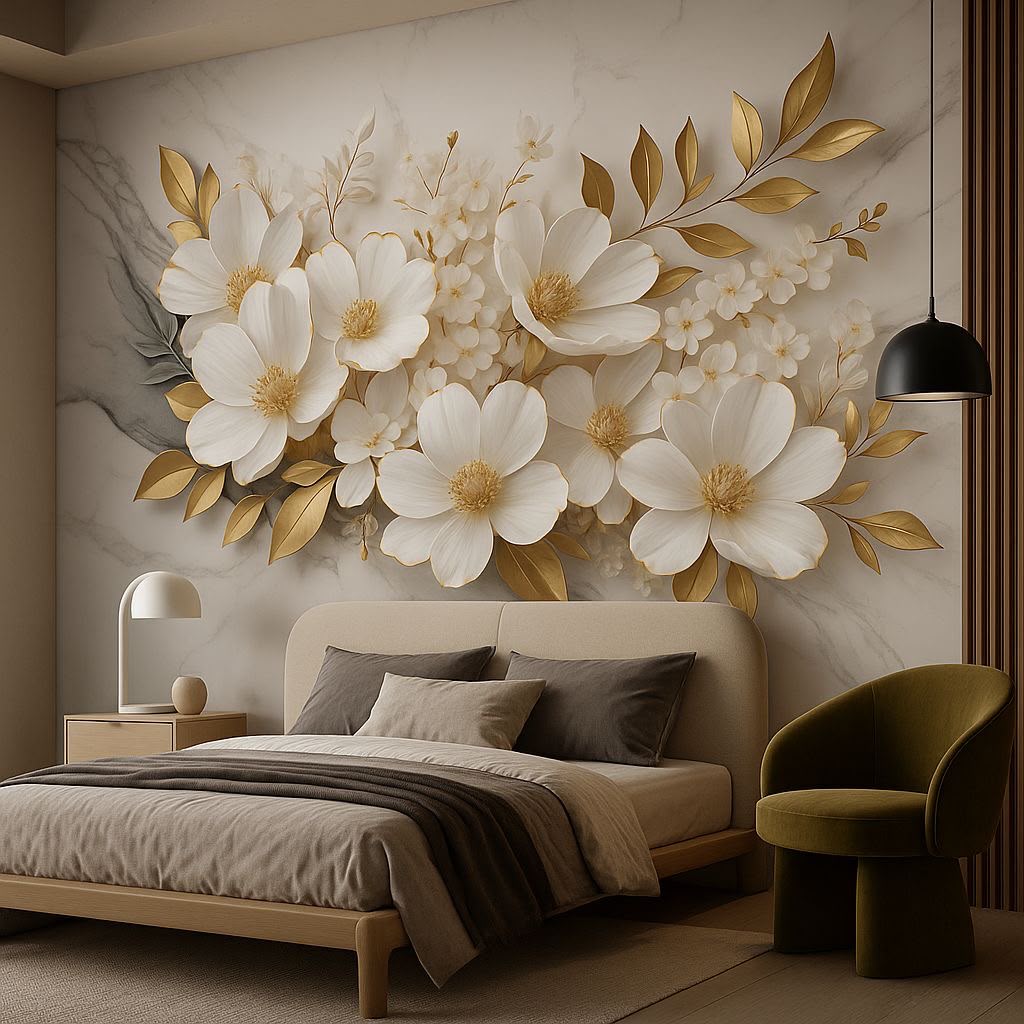 3D Bas-Relief White Blossoms & Golden Leaves Marble Mural (Design 81)