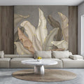 Sculpted Neutral Banana Leaves with Gold Foil Edges Wall Mural (Design 83)