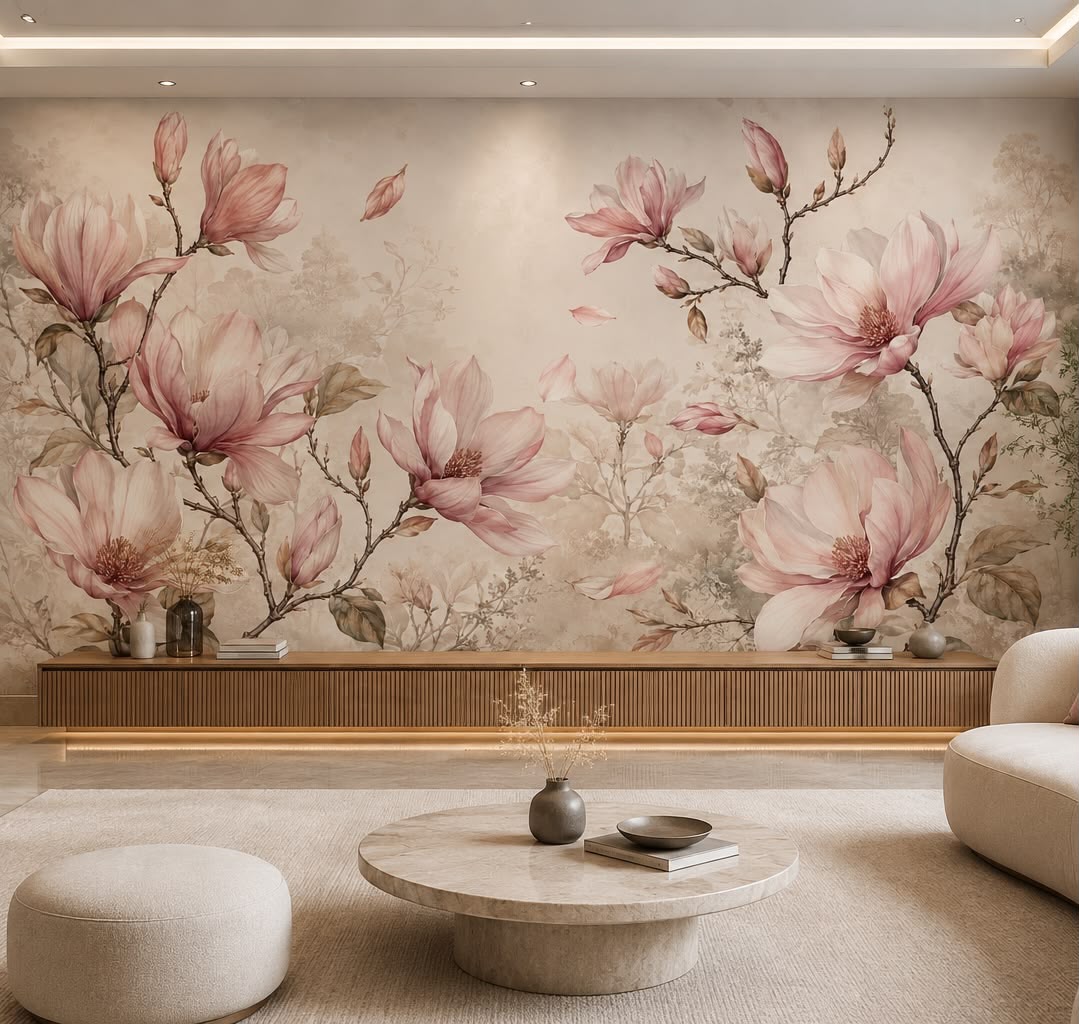 Romantic Watercolor Blush Magnolia Blossom Botanical Mural (Design 84)