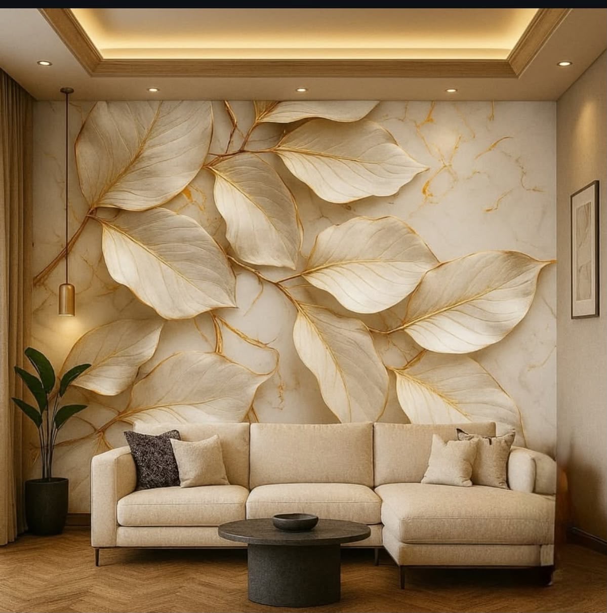 3D Sculpted Gilded Foliage on Warm Marble Texture Wall Mural (Design 85)