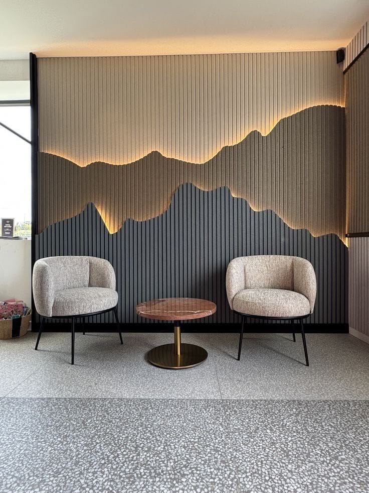 Architectural Illuminated Fluted Wood Mountain Skyline Mural (Design 86)