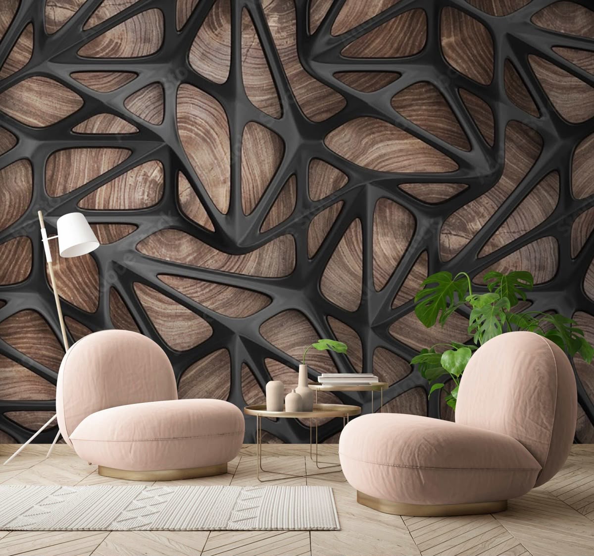 3D Parametric Organic Lattice & Rich Wood Grain Wall Mural (Design 87)