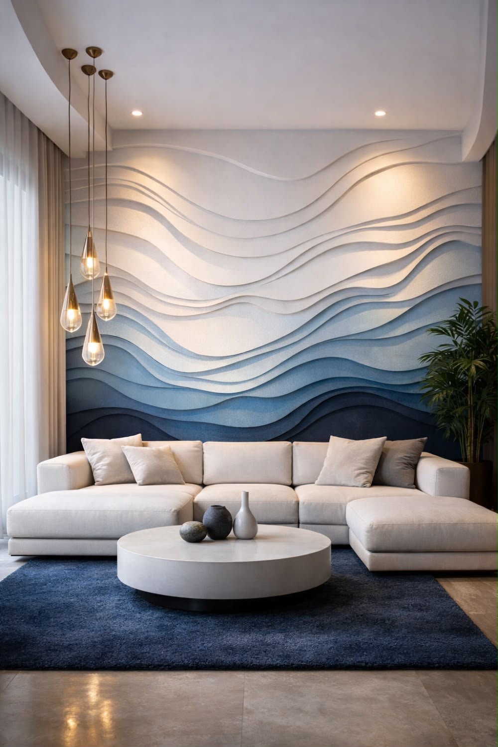3D Layered Ombre Ocean Wave Sculptural Living Room Mural (Design 88)