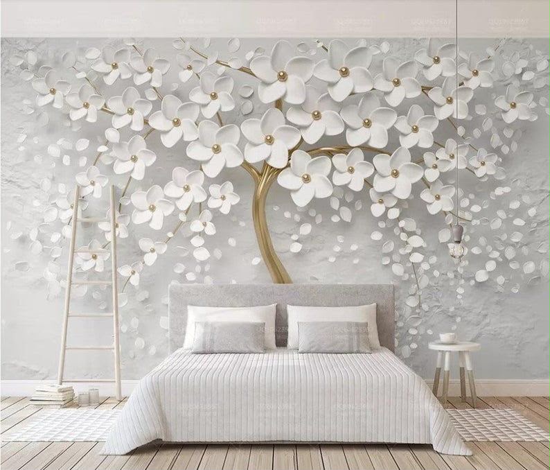 3D Sculpted White Blossom Tree with Gilded Trunk Wall Mural (Design 89)