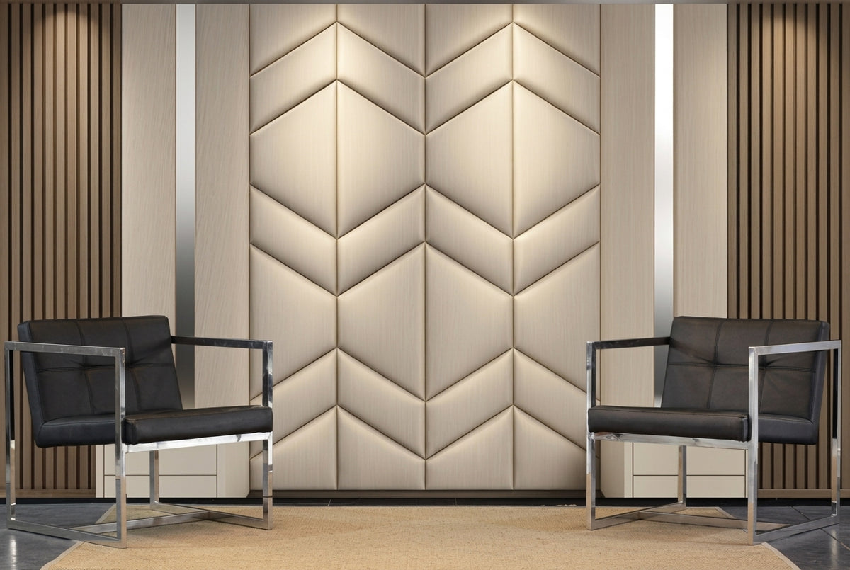 Neoclassical Quilted Leather Chevron & Fluted Wood Slat Wall Mural (Design 90)