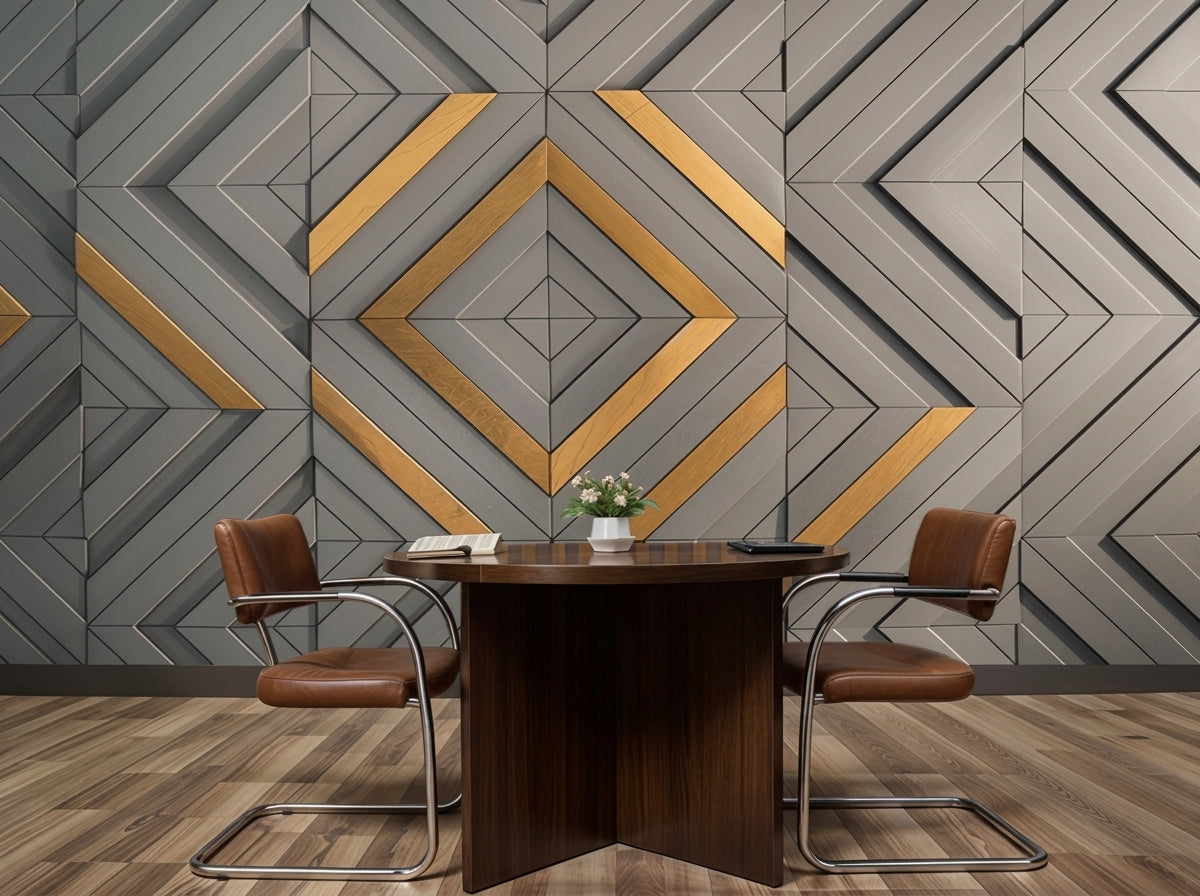 Geometric Concentric Diamond & Gilded Brass Acoustic Wall Mural (Design 92)
