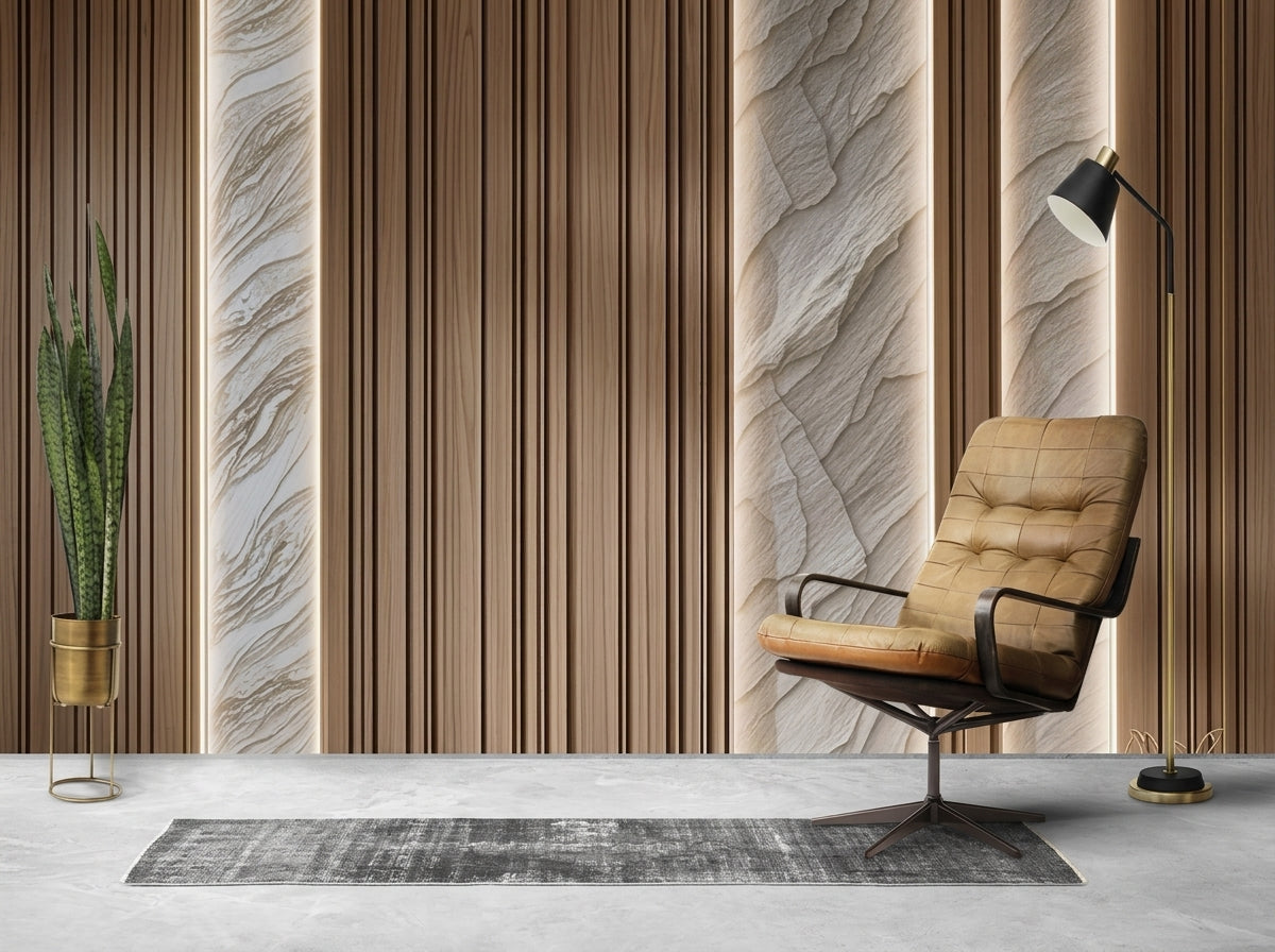 Fluted Walnut Slat & Illuminated Sculpted Travertine Rock Wall Mural (Design 93)