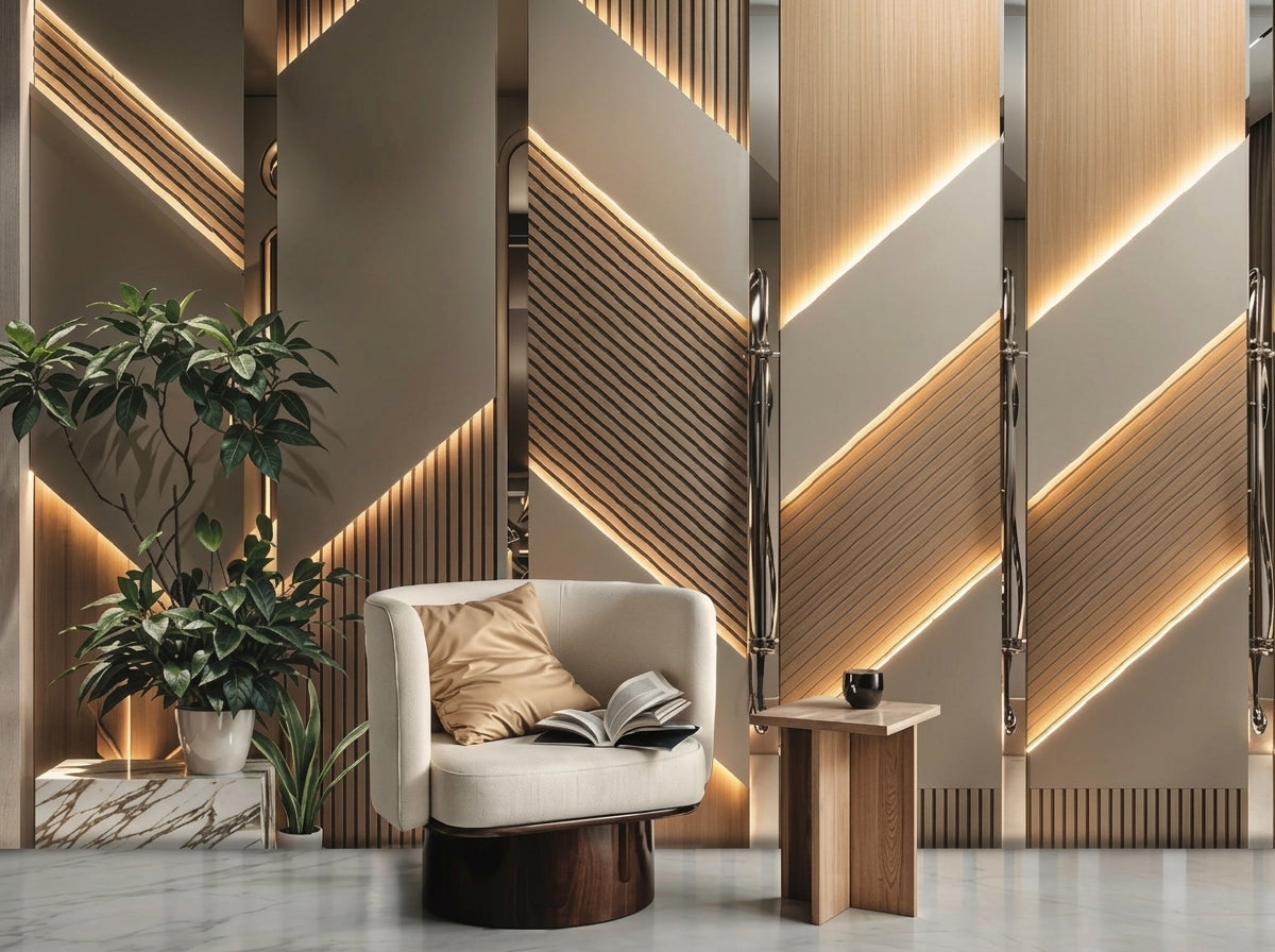 Multi-Panel Dynamic Diagonal Acoustic Slat & Backlit Wall Mural (Design 96)