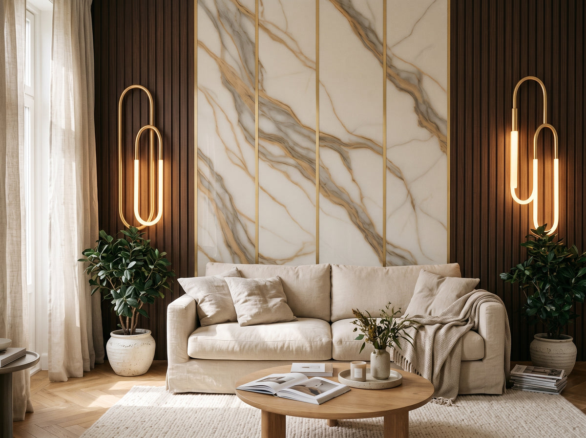 Luxe Calacatta Gold Marble & Fluted Walnut Wall Mural