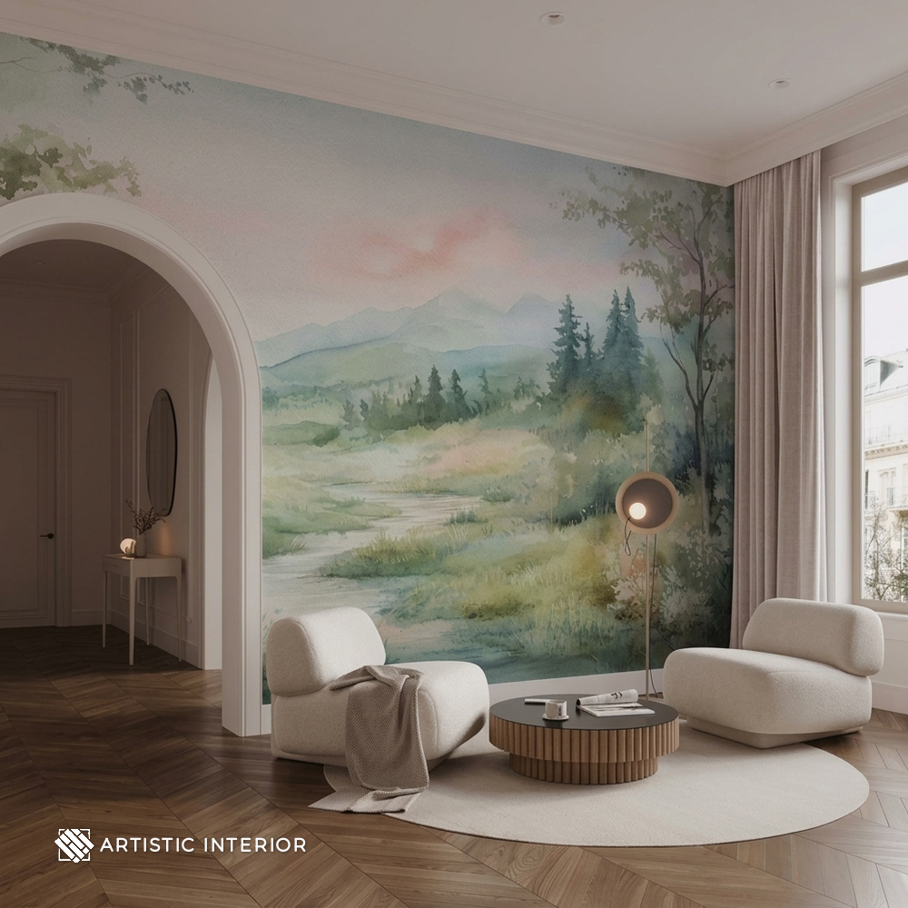 Pastel Watercolor Meadow & Mountain Valley Wall Mural
