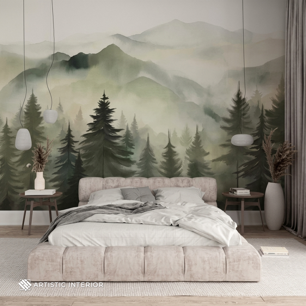 Misty Pine Forest & Mountain Ridge Wall Mural