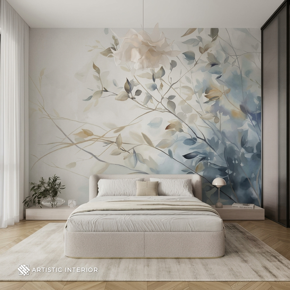 Dusty Blue & Champagne Watercolor Botanical Wall Mural