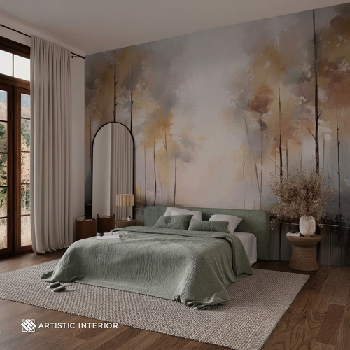 Autumn Birch Mist Impressionist Forest Wall Mural