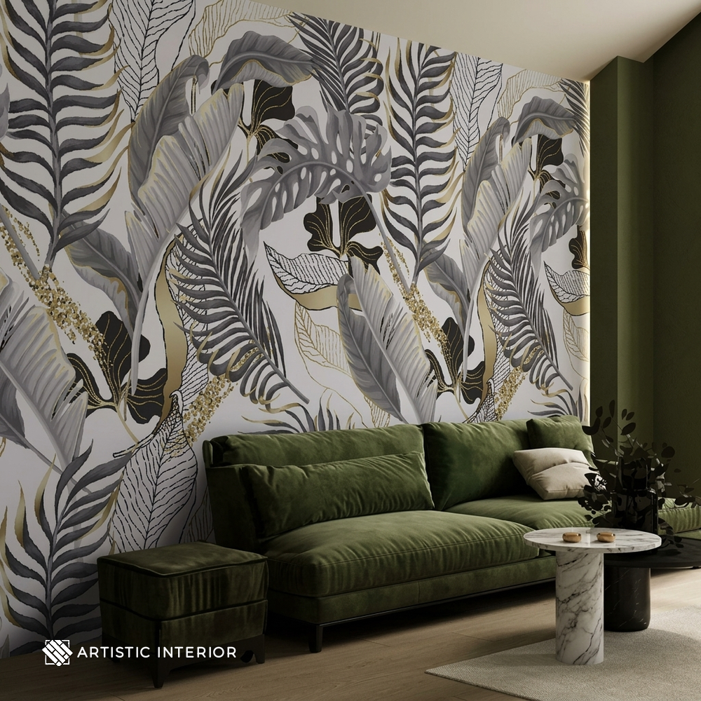 Monochrome Tropical Palm & Monstera Botanical Wall Mural