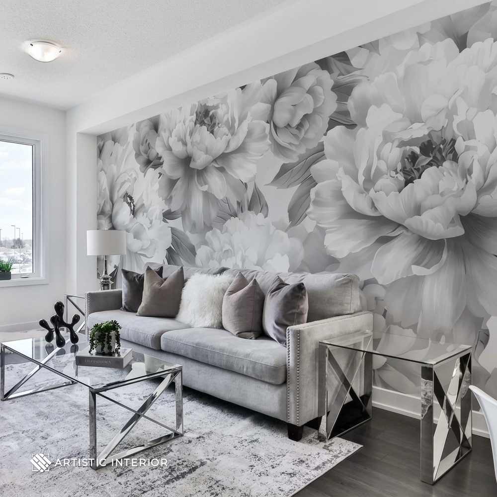Dramatic Charcoal & White Peony Blossom Wall Mural
