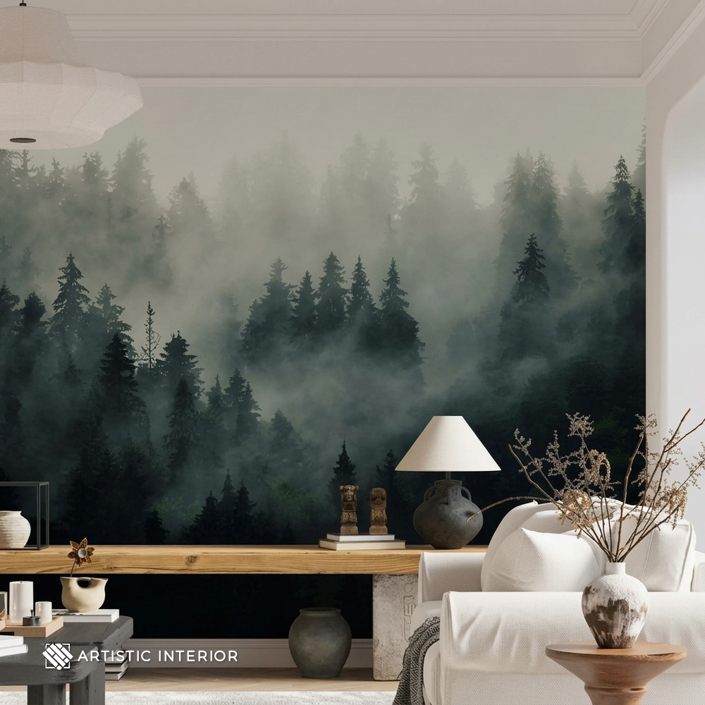 Moody Emerald Pine Forest & Morning Fog Wall Mural