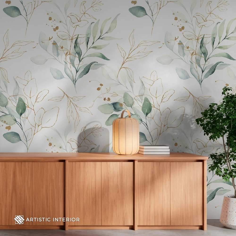 Watercolor Eucalyptus & Gold Leaf Botanical Wall Mural