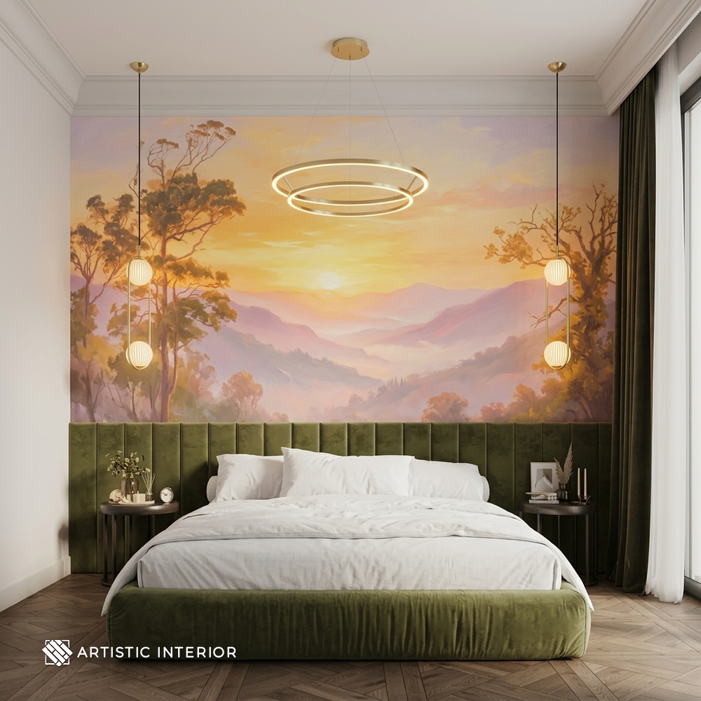 Luminous Golden Sunset Mountain Valley Wall Mural