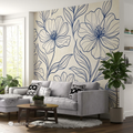 Modernist Indigo Blue Botanical Line-Art Wall Mural