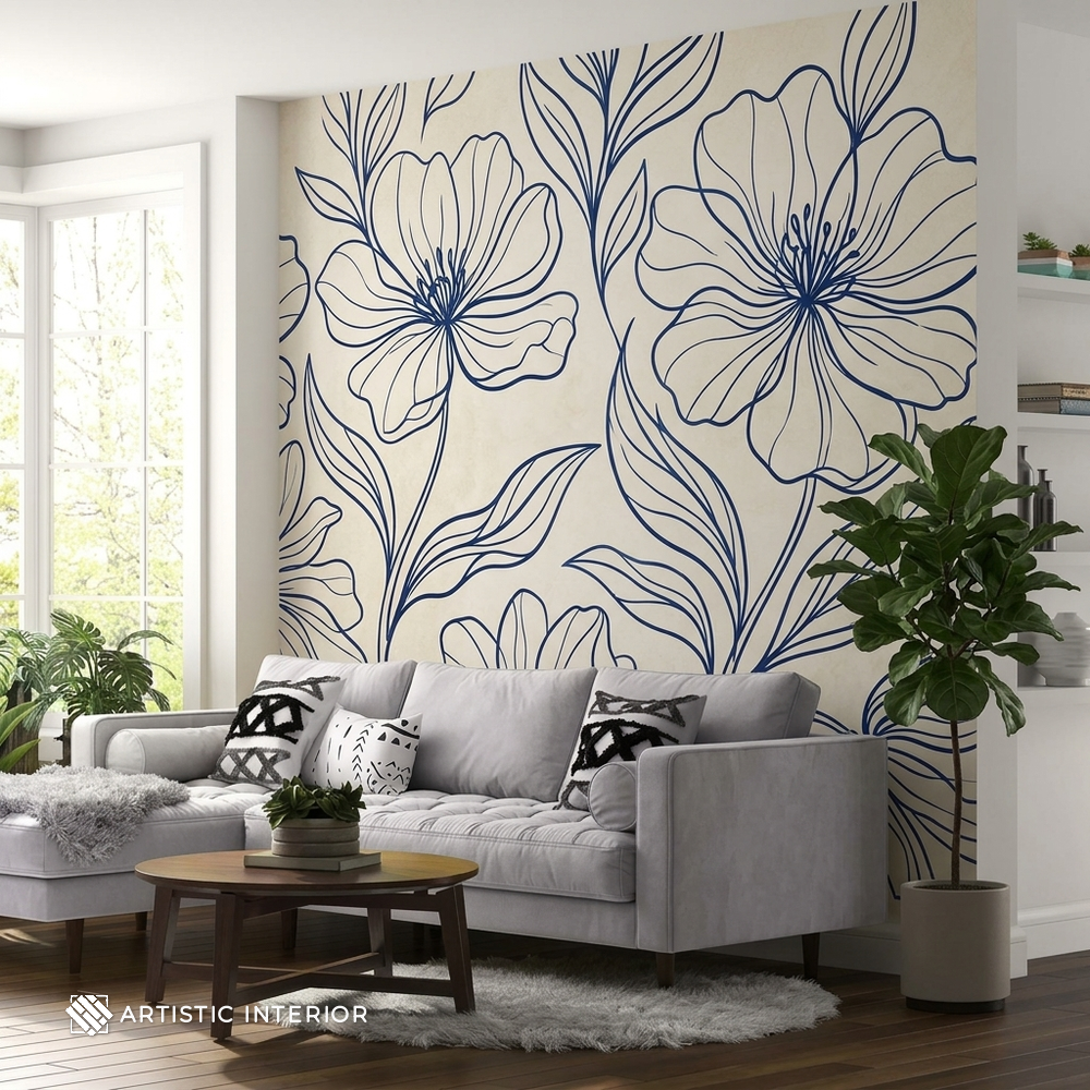Modernist Indigo Blue Botanical Line-Art Wall Mural