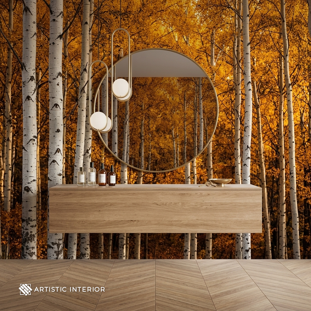 Golden Autumn Birch Forest & Amber Canopy Wall Mural