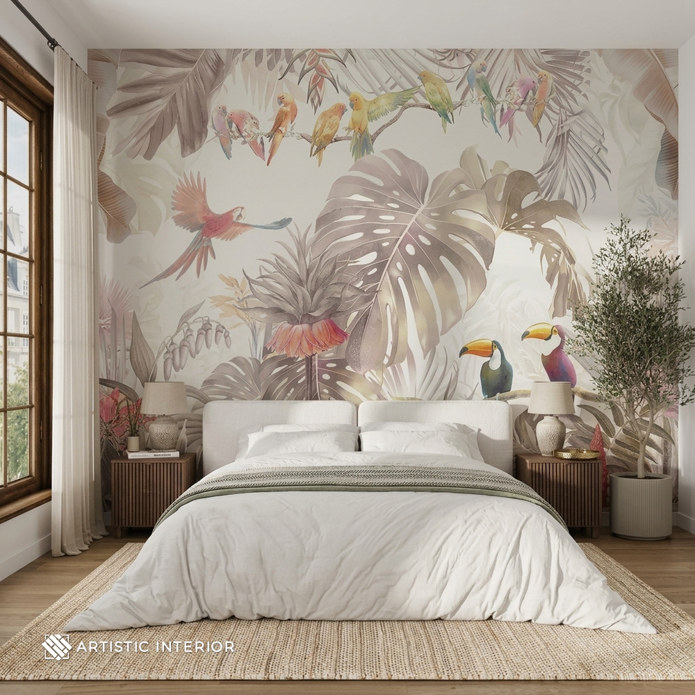 Exotic Tropical Rainforest & Colorful Birds Wall Mural