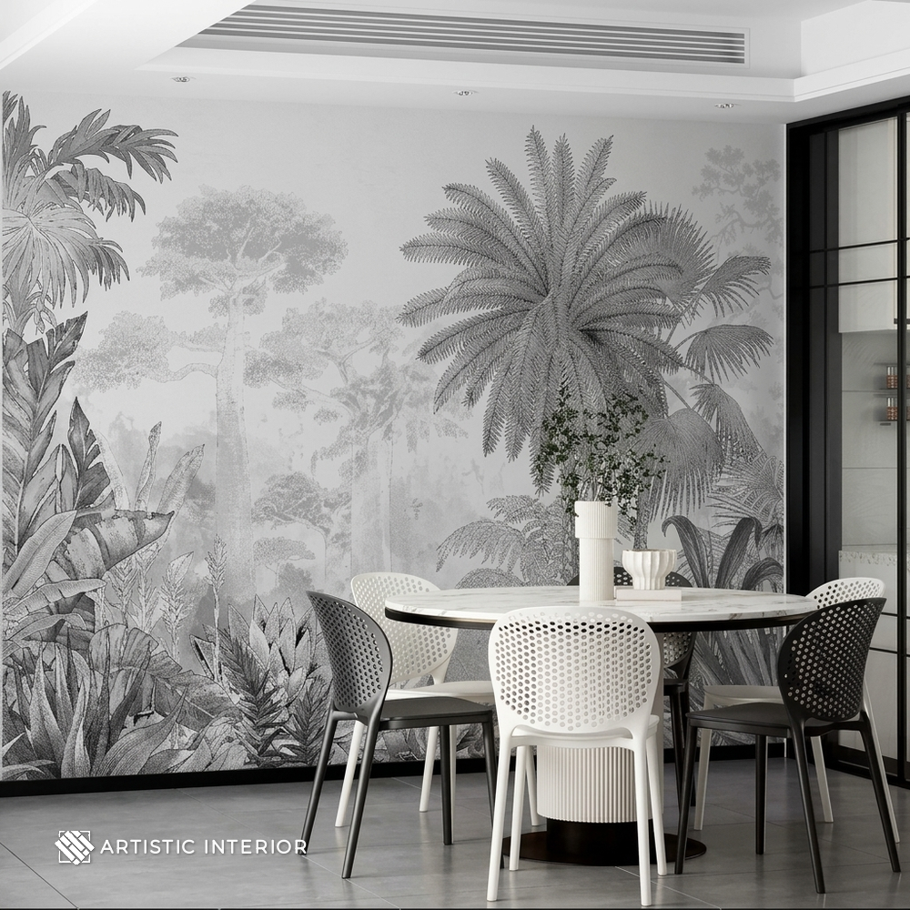 Monochrome Palm Oasis Dining Room Wall Mural