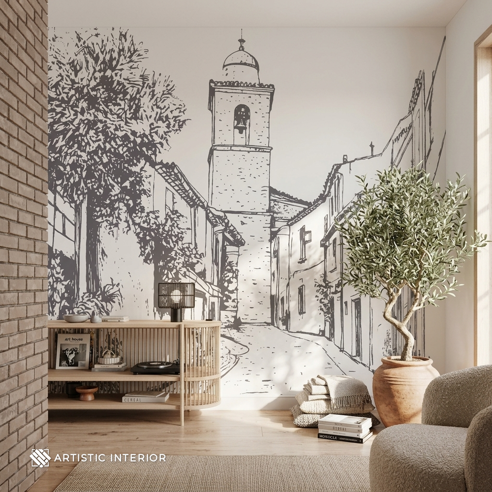 Italian Coastal Village Architectural Sketch Wall Mural