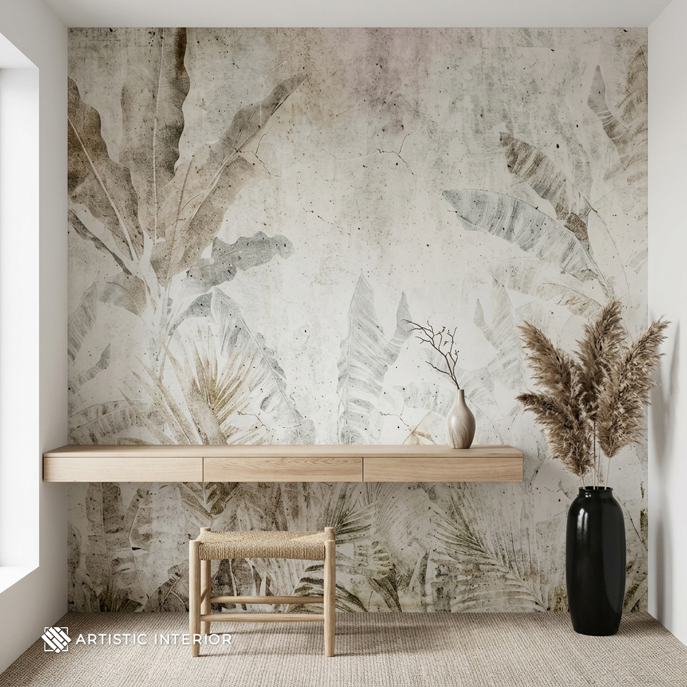 Wabi-Sabi Banana Palm Concrete Fresco Wall Mural