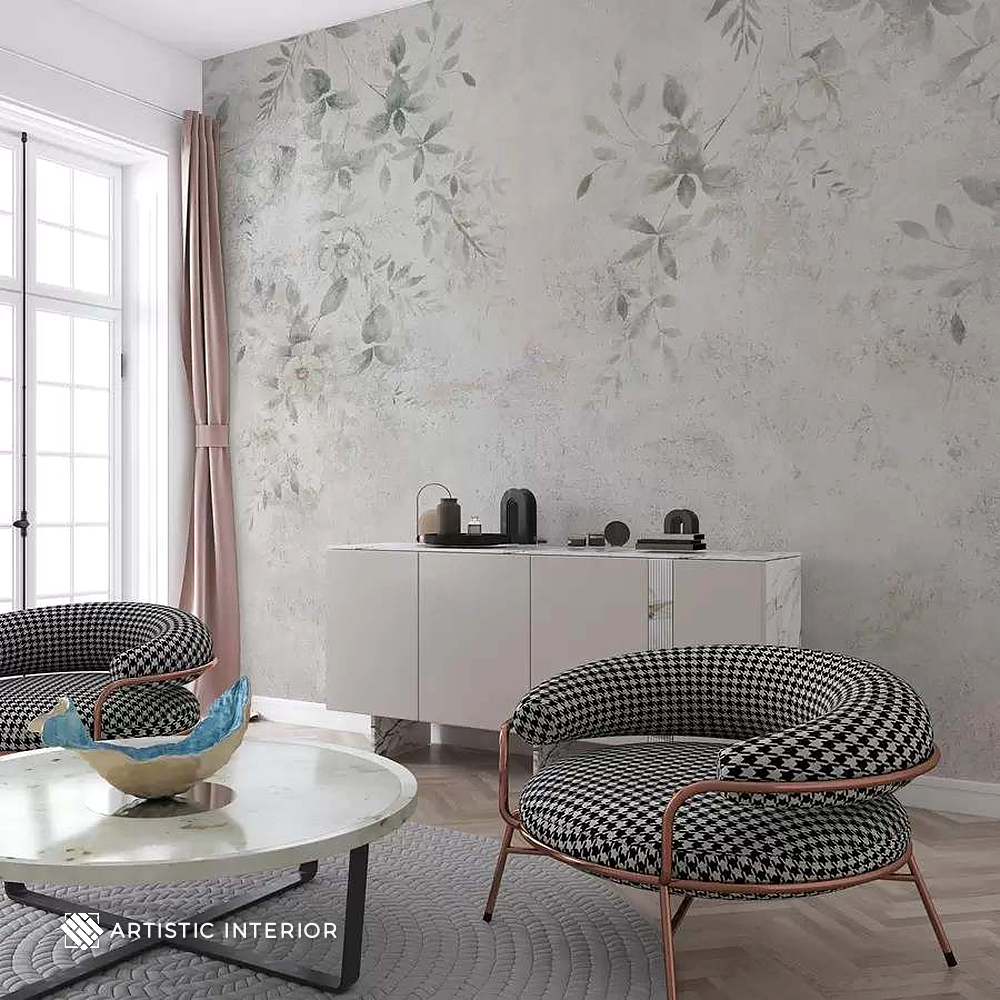 Delicate Sage Leaf Botanical Venetian Plaster Wall Mural