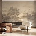 Vintage Sepia Lakeside Mist & Mountains Wall Mural