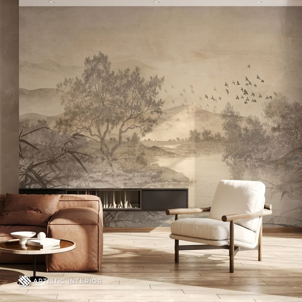 Vintage Sepia Lakeside Mist & Mountains Wall Mural